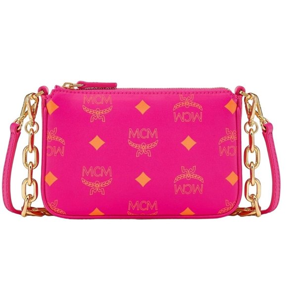 NEW MCM Color Splash Logo Fuchsia Pink Smooth Leather Mini Pouch Crossbody Bag - Picture 2 of 10